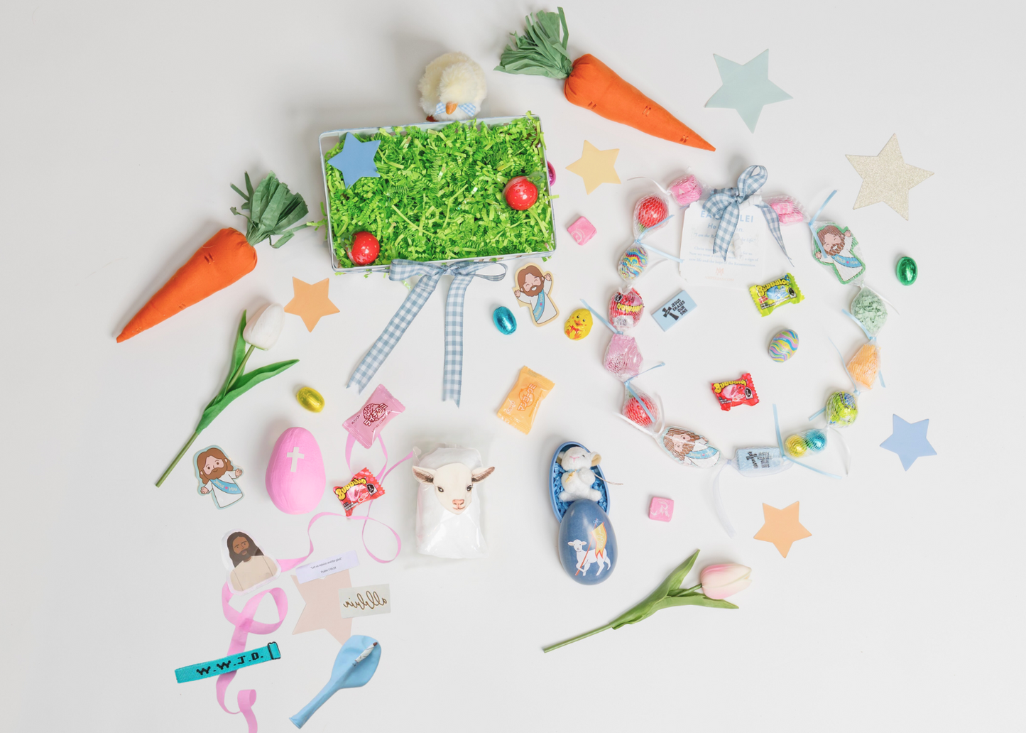 Inside the Easter Resurrection Basket, Candies, chocolates, eraser, inspiration card, sticker, surprise egg, lamb charm, Cotton Candy Spearmint, Easter Lei,, Basket