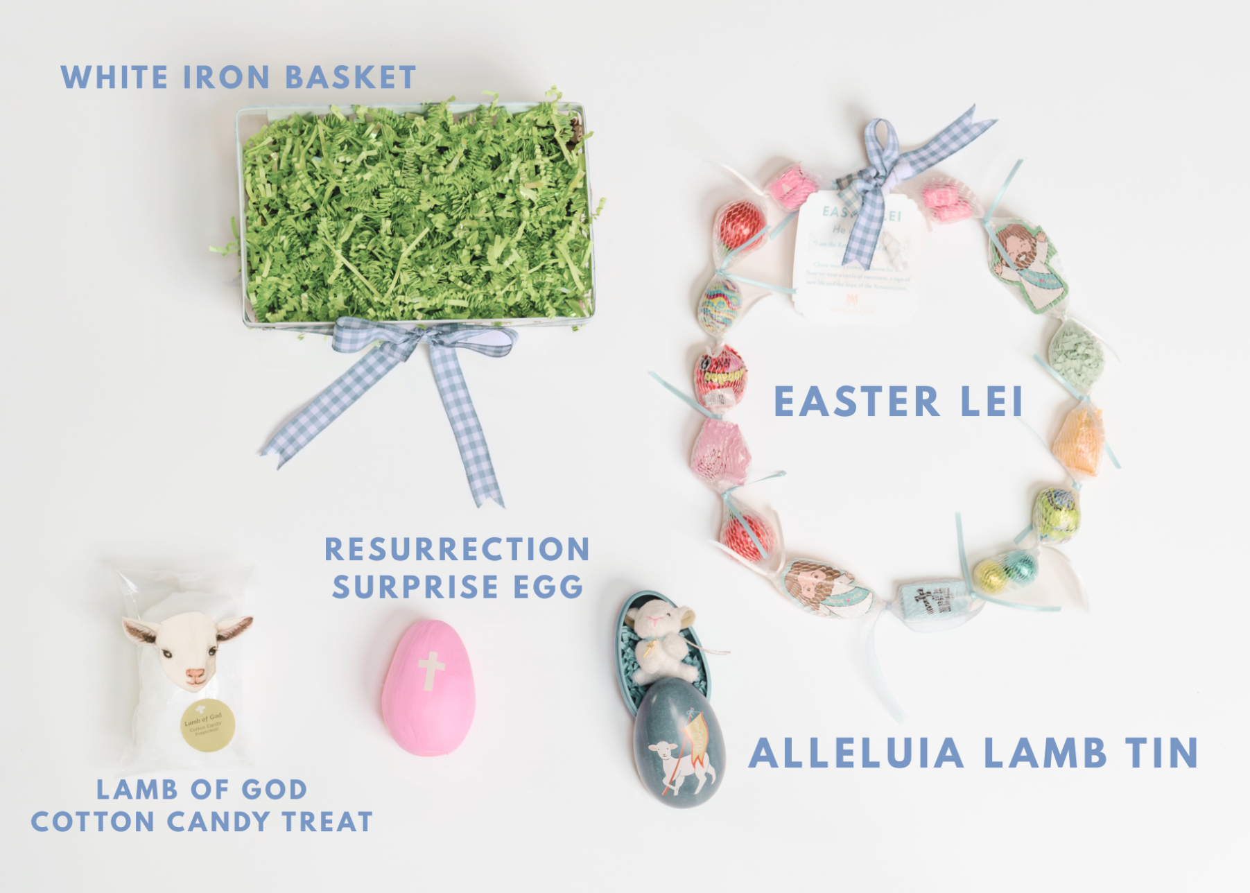 Collection of Easter-themed items including a white iron basket, resurrection surprise egg, lamb of God cotton candy treat, Easter lei, and Alleluia lamb tin on a white background.